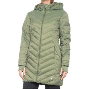 Spyder Womens Sage Green Hooded Puffer Jacket Chevron Quilted Size Small